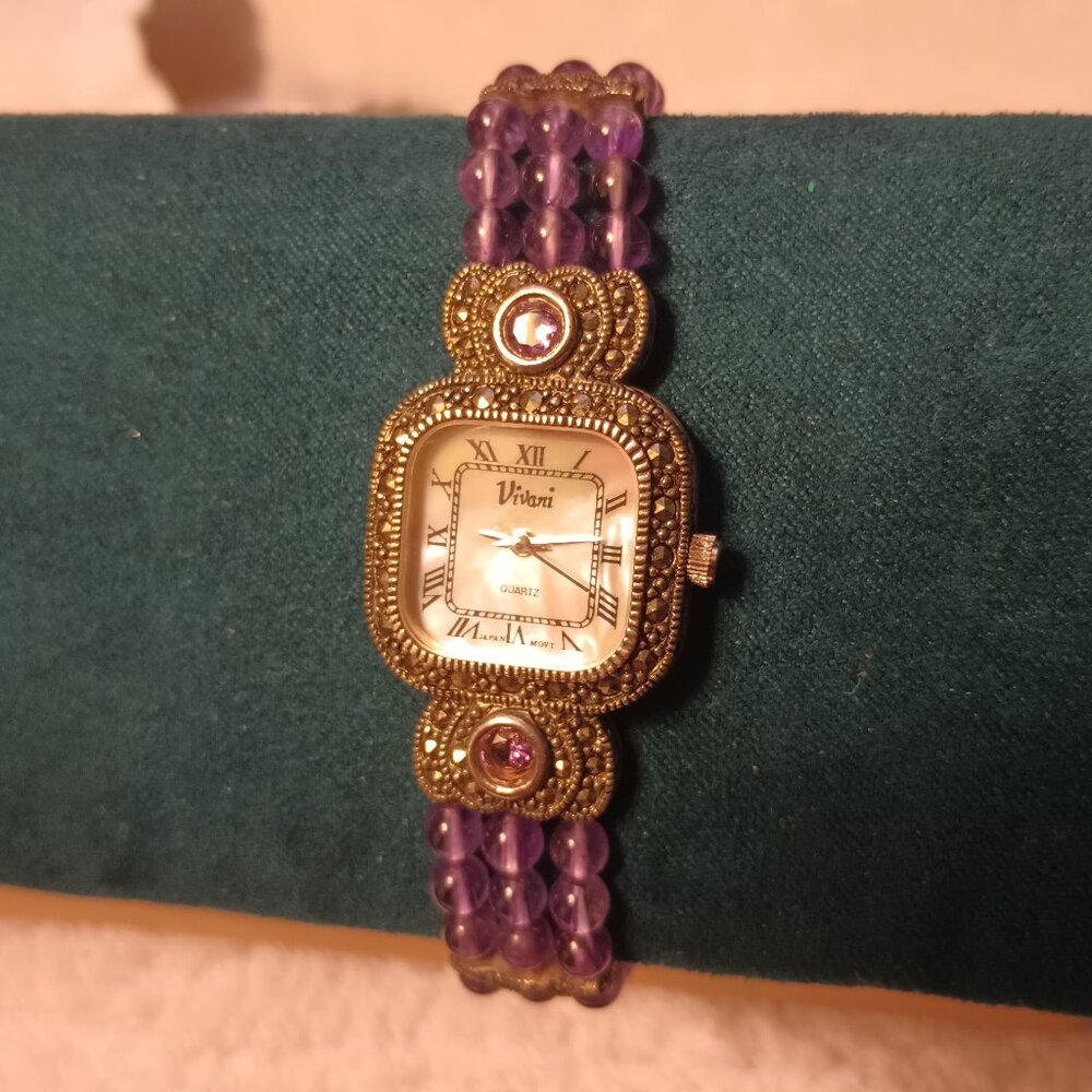 Vivani Sterling Silver, Marcasite, amethyst watch.